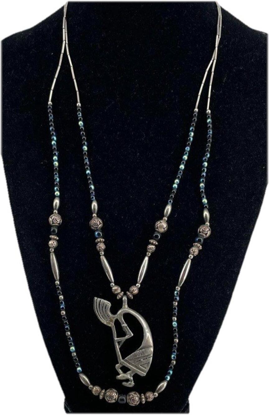 Large Sterling Silver Native American Double Strand Beaded 3D Kokopelli Necklace